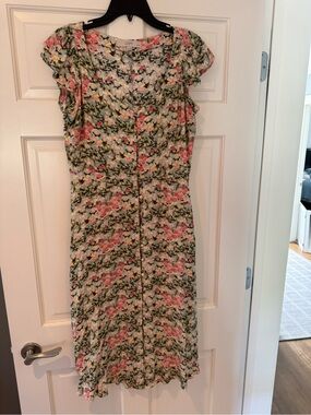 LOFT Floral Short-Sleeve Button-Front Dress in Pink, Green & Cream